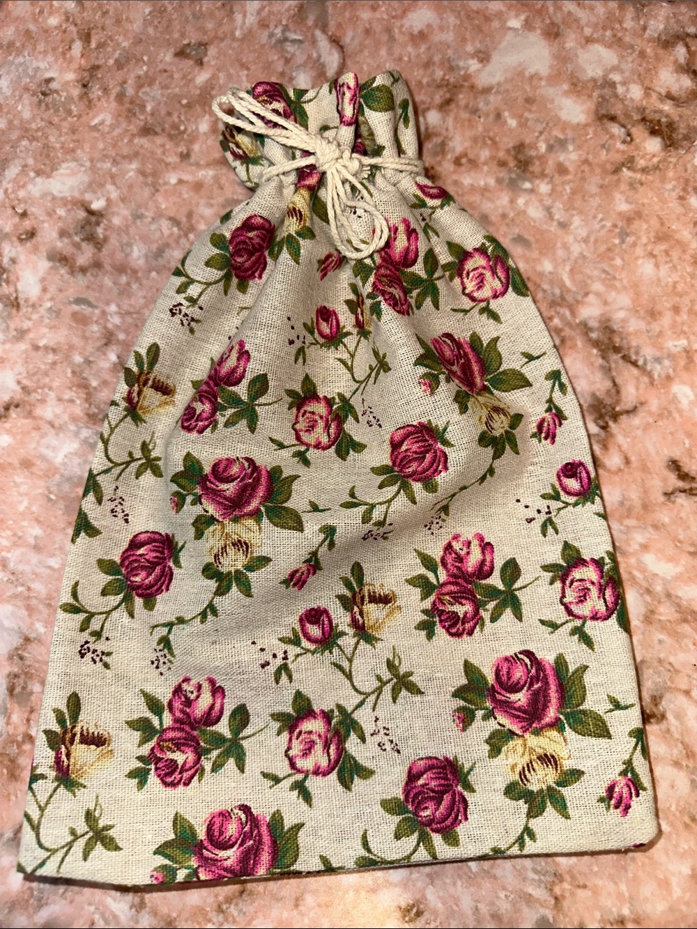 Floral Drawstring Pouch - Beige with Pink Rose Print